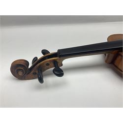 German violin c1900 for re-assembly with 36cm two-piece maple back and ribs and spruce top; L59cm; in ebonised wooden 'coffin' case with two bows
