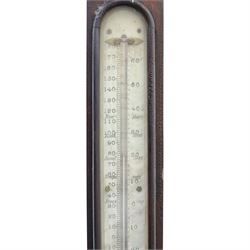 Victorian mahogany mercury stick barometer, the arched glazed register with weather indications and adjustable vernier, above a glazed thermometer and circular cistern cover, H 95cm