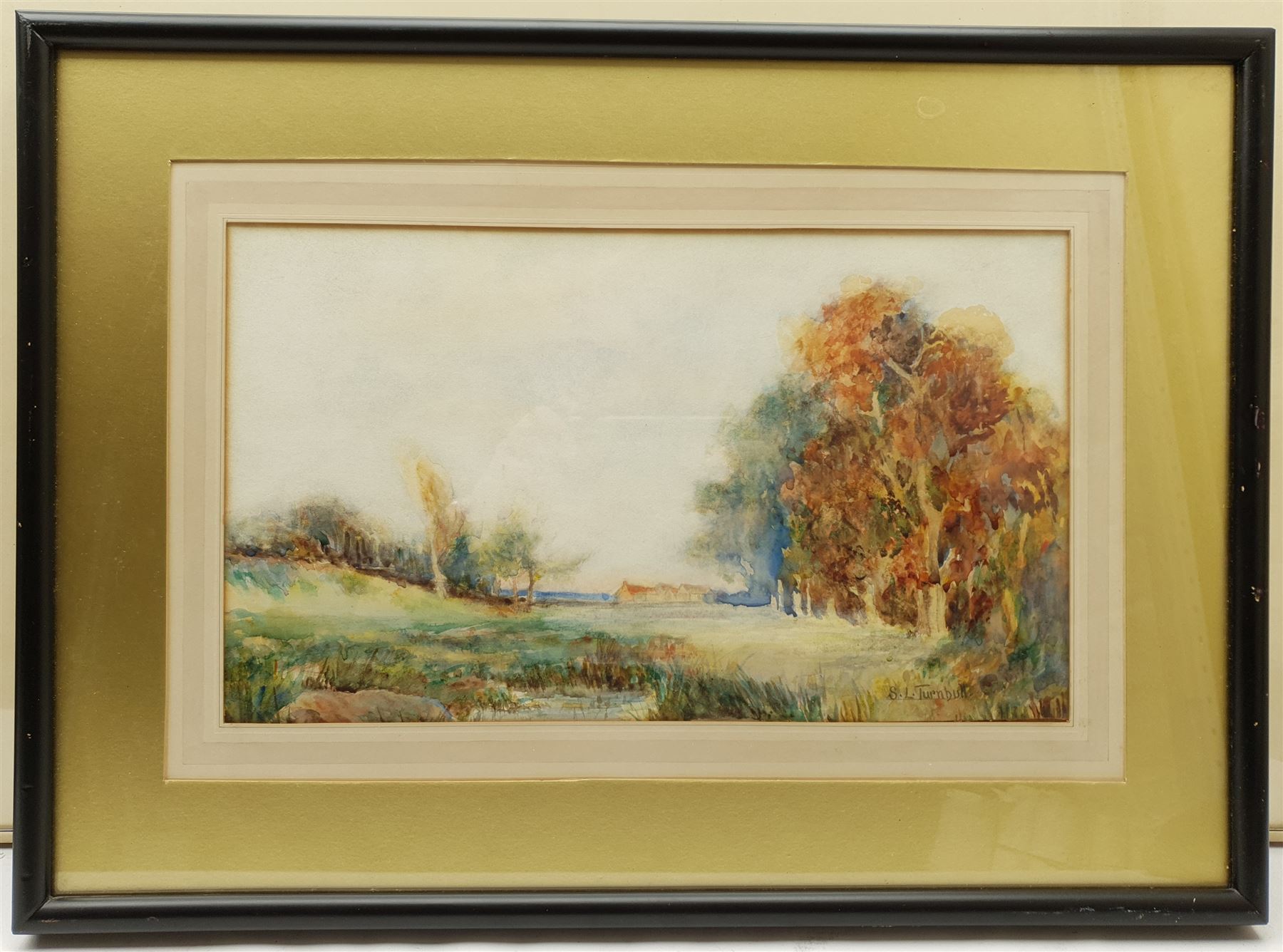S L Turnbull (British early 20th century): 'A View on Wadsley Common Sheffield', watercolour signed, titled verso; Ken Bell (British Contemporary): Reclining Nude, watercolour signed; R Carmichael: 'The Chapel of the English Convent Bruges', watercolour signed, titled verso; together with two landscape watercolour vignettes indistinctly signed, max 49cm x 65cm (5)