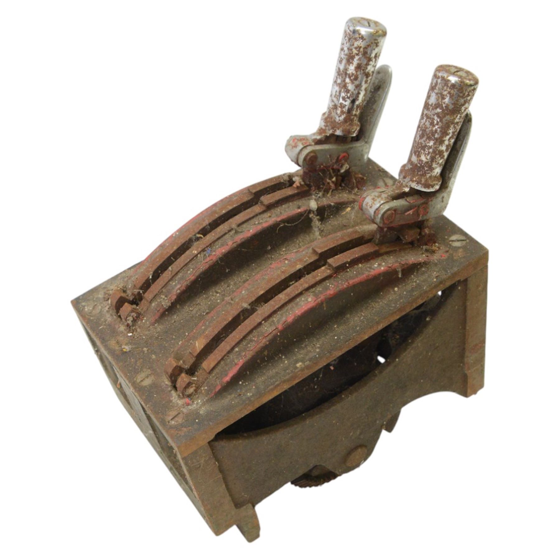 Railway signal box two lever frame, to top of handle H26cm