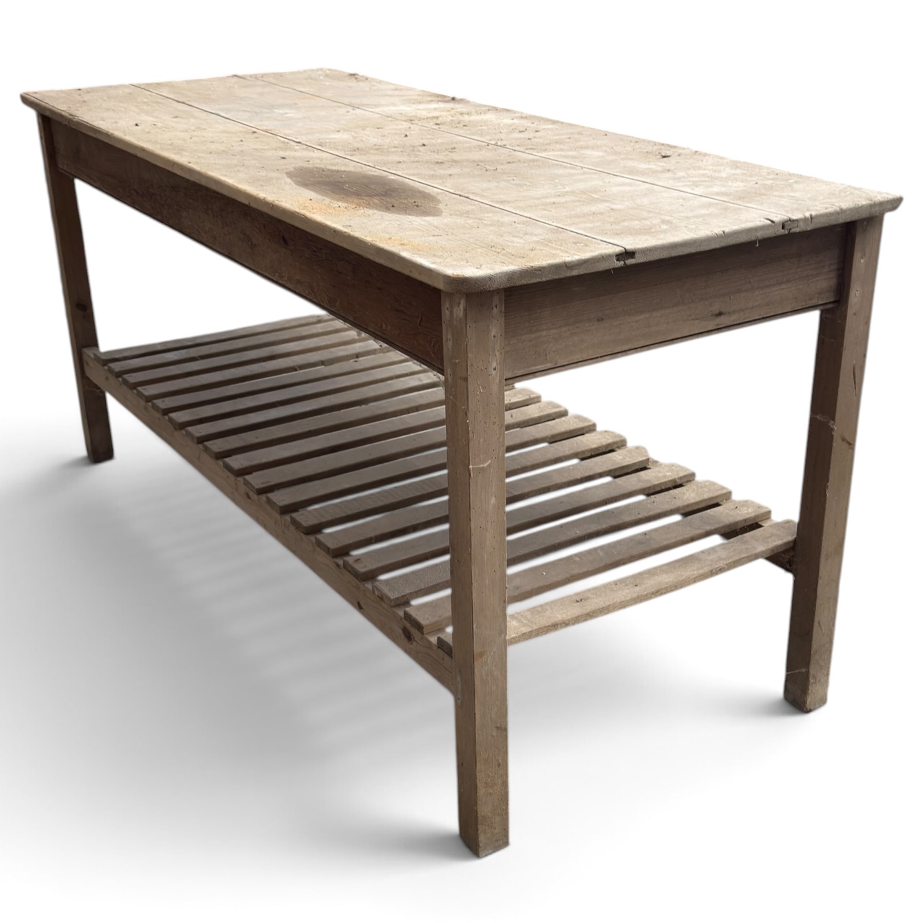 Large 19th century painted pitch pine scullery table, rectangular triple plank top fitted with single drawer, raised on square supports united by slatted under-tier