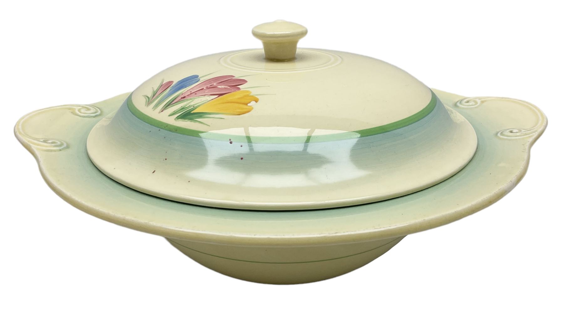 Clarice Cliff twin handled lidded tureen decorated in the Crocus pattern, with printed and impressed marks beneath, W27cm