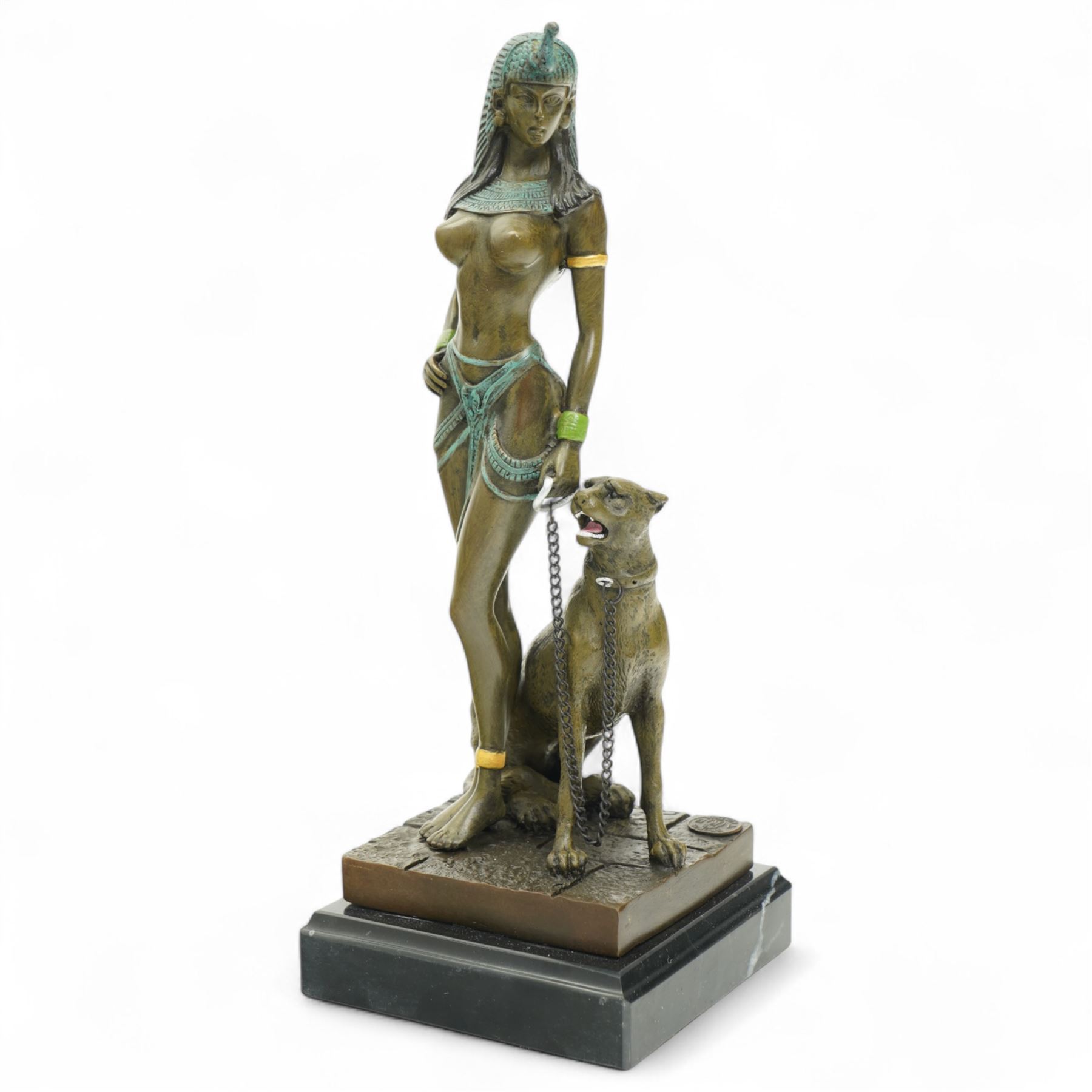 Bronze of Cleopatra with a panther on a leash, foundry mark on square marble base H25cm 