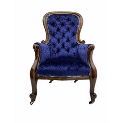 Victorian style walnut framed armchair, upholstered in blue crushed velvet studded fabric