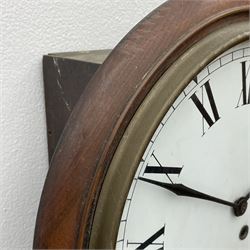 Early 20th century circular walnut cased wall clock, white enamel Roman dial, single train driven movement