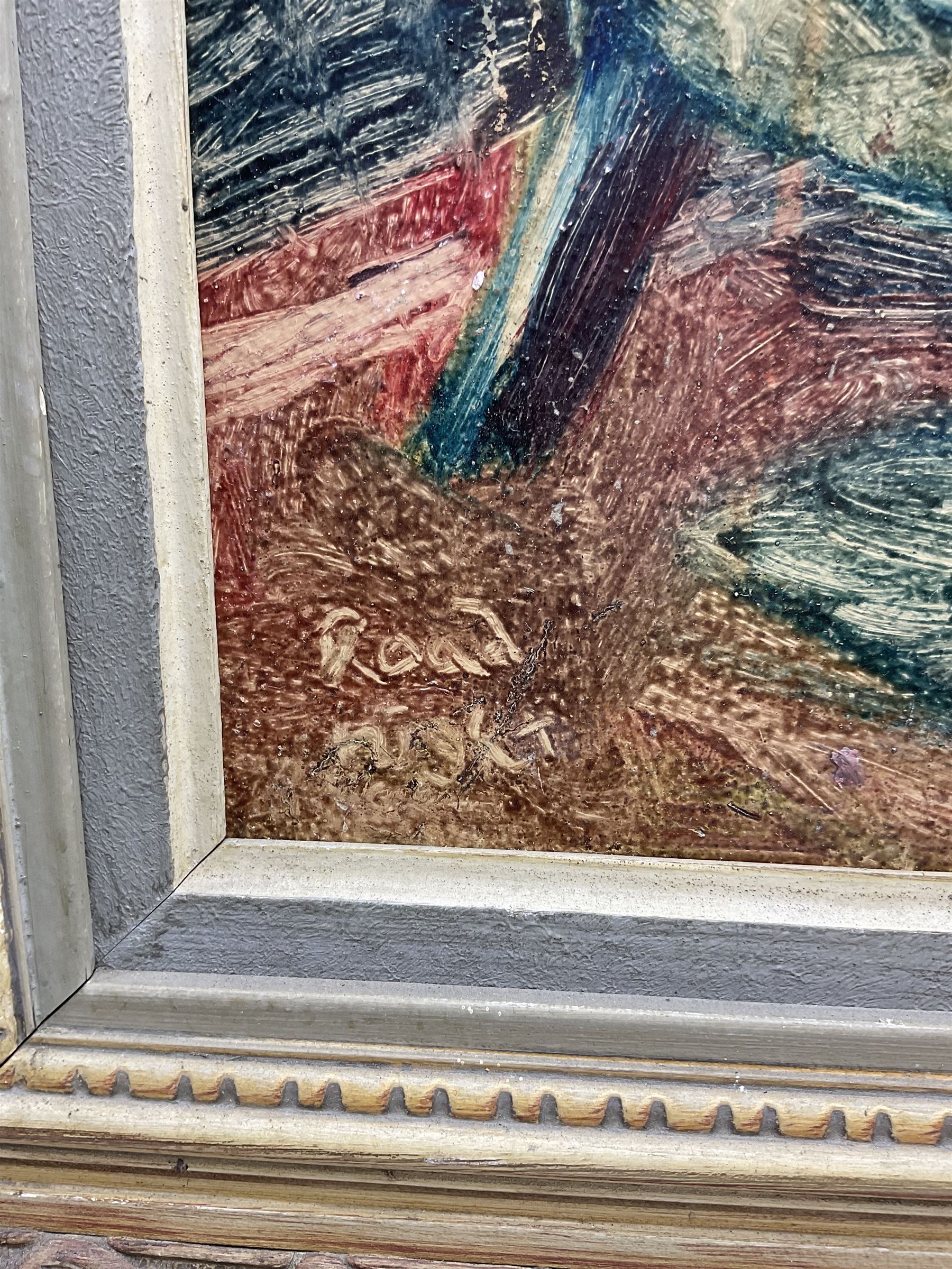 Raymond Arthur Roadnight (British 1941-): Seated Nude being Painted, oil on fabric signed 62cm x 52cm 
Provenance: the artist's studio collection. Born in High Wycombe, Roadnight spent three years training under Patrick Reyntiens and John Piper creating stained glass windows for Liverpool and Coventry cathedrals. These works included the great baptistry window in the New Coventry Cathedral, the 'Lantern' atop the Catholic Cathedral in Liverpool, and the grand windows in Oundle School Chapel. He has exhited at Royal Academy, Alfred East Gallery, Chichele College in Higham Ferriers, and Burleighfield House in Loudwater.