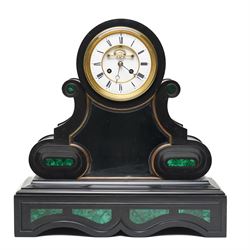 French-Late 19th century Belgium slate mantel clock, 8-day movement housed in a drum case ...