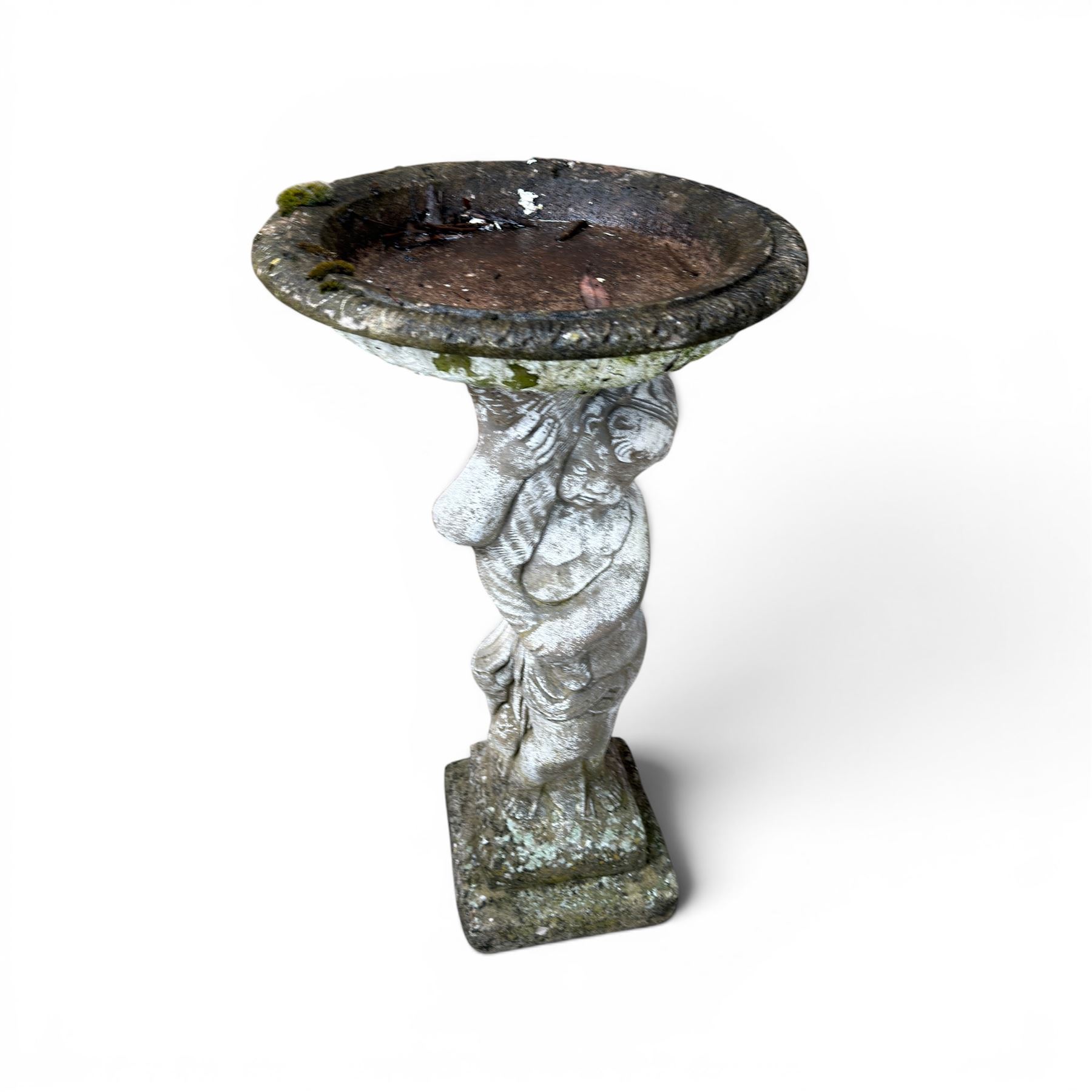 Collection of cast stone garden ornaments - three figure bird baths, figure on plinth, seated lion, lion, boy figure, and stone trough (9)