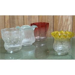 Four etched and coloured glass lamp shades, early 20th century, largest H18cm. 