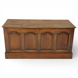 Late 19th century Gothic Revival oak coffer, the plain hinged top over four fielded arch m...