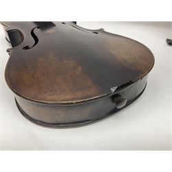 German violin c1890 with 36cm two-piece maple back and ribs and spruce top; bears label 'Antonius Stradivarius Cremona Faciebat Anno 1729' L59.5cm overall; in ebonised wooden 'coffin' case; and two German violins c1890 for completion - one bearing a Stradivarius label, the other a Ruggeri label; both in carrying cases (3)