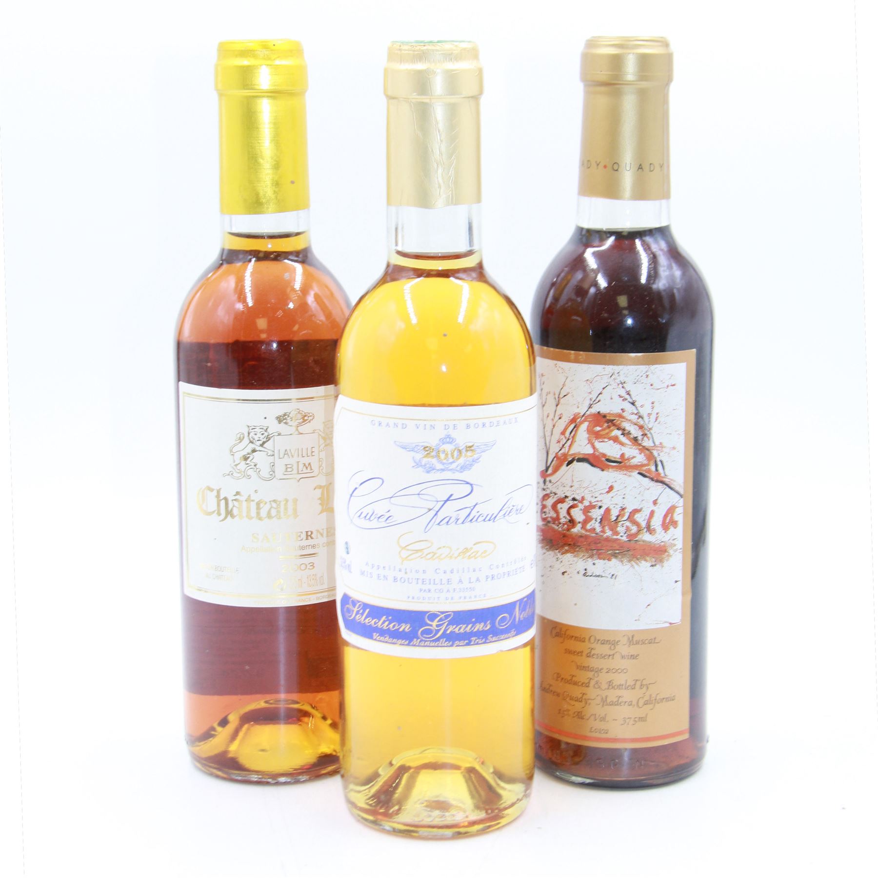 Mixed dessert wine; comprising Chateau Laville 2003 Sauternes, Essensia 2000, California Orange Muscat, Cadillac, 2005 Cuvee Particuliere, all 37.5cl various proof (3)  