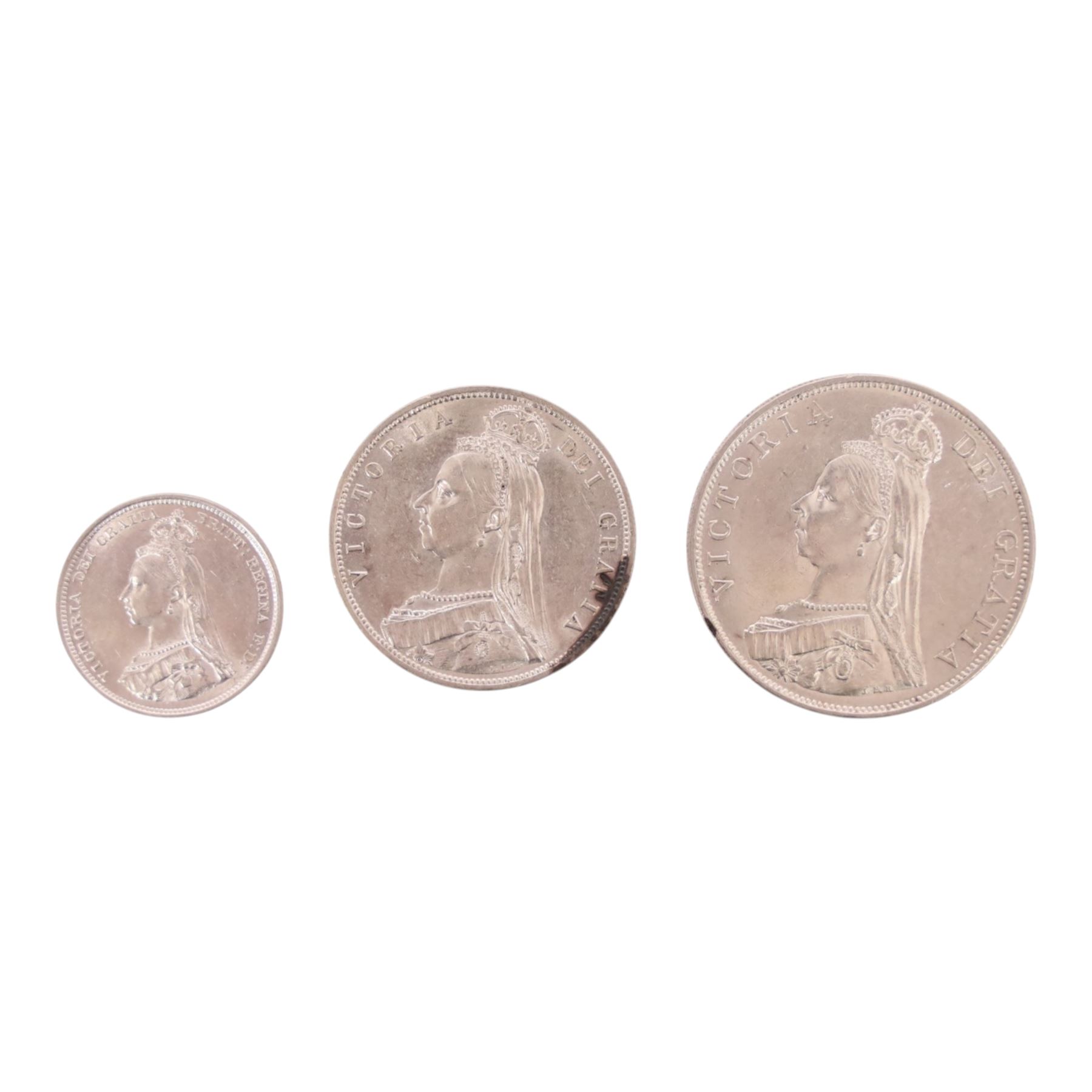 Queen Victoria 1887 silver double florin, half crown, and shilling coins (3)