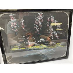 'A History of Kure'. Volume eight with Japanese text and photographic illustrations including Hiroshima; associated paperwork and provenance; and two ebonised framed Japanese painted and embroidered panels depicting Mount Fuji and bearing label verso 'Bought in Kure Hiroshima while serving Royal Navy 1946 S. Mason' 23 x 30cm