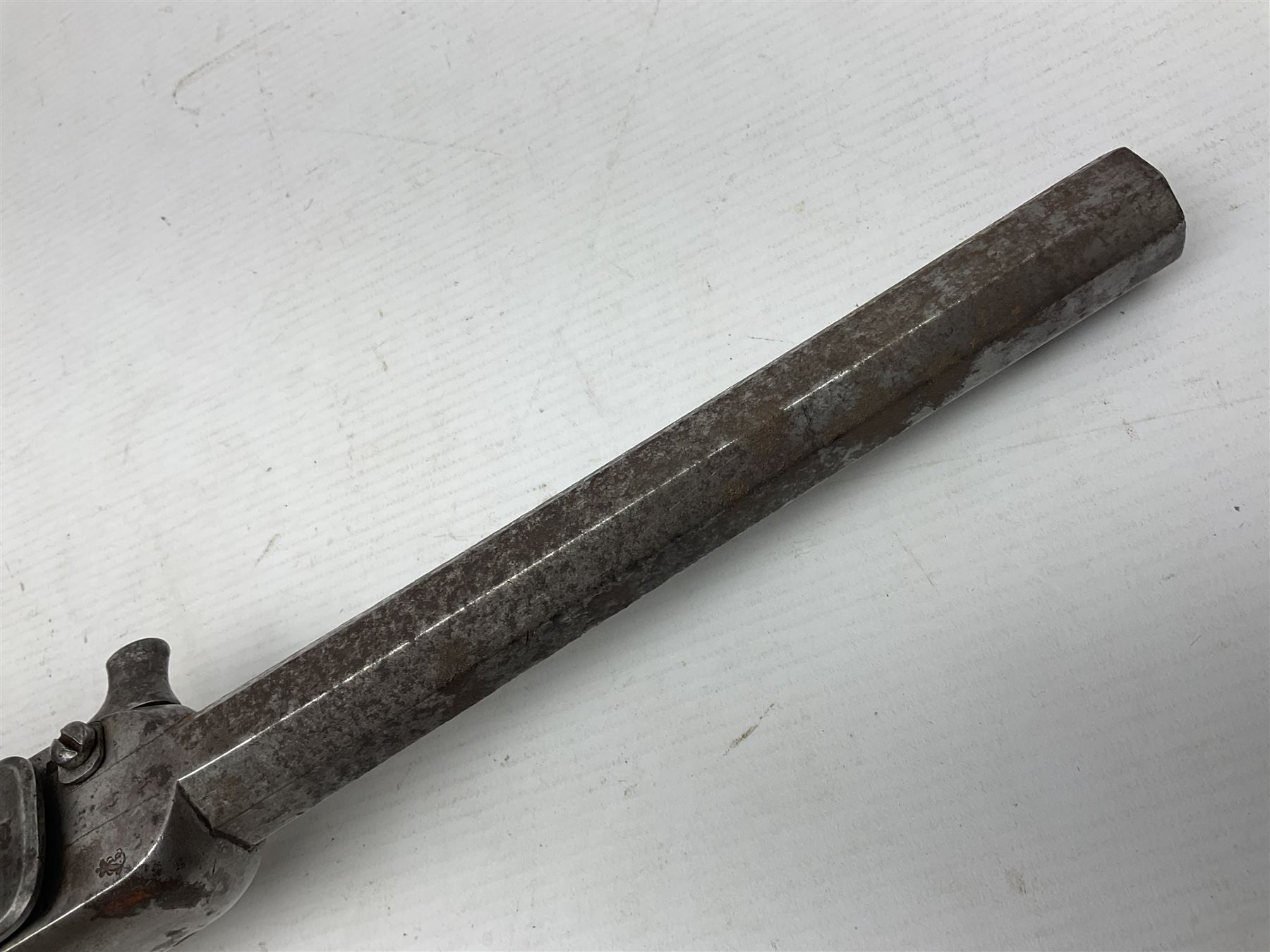 Mid-19th century military Model 1841 Bavarian Lindner style breech loading percussion pistol dated 1842, approximately 16mm cal., 21.5cm rifled octagonal barrel with fixed front and rear sights, unusual under action percussion hammer, profuse ordnance marks and repeated serial number B-249; two stamps to wooden stock L47cm overall