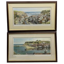 Graham Carver (Yorkshire 20th century): 'Roof-Top View - Staithes' 'Summer Days - Whitby' 'Perfect Morning - Scarborough' and 'Perfect Evening - Robin Hood's Bay',two pairs limited edition colour prints signed titled and numbered in pencil max 26cm x 61cm (4)