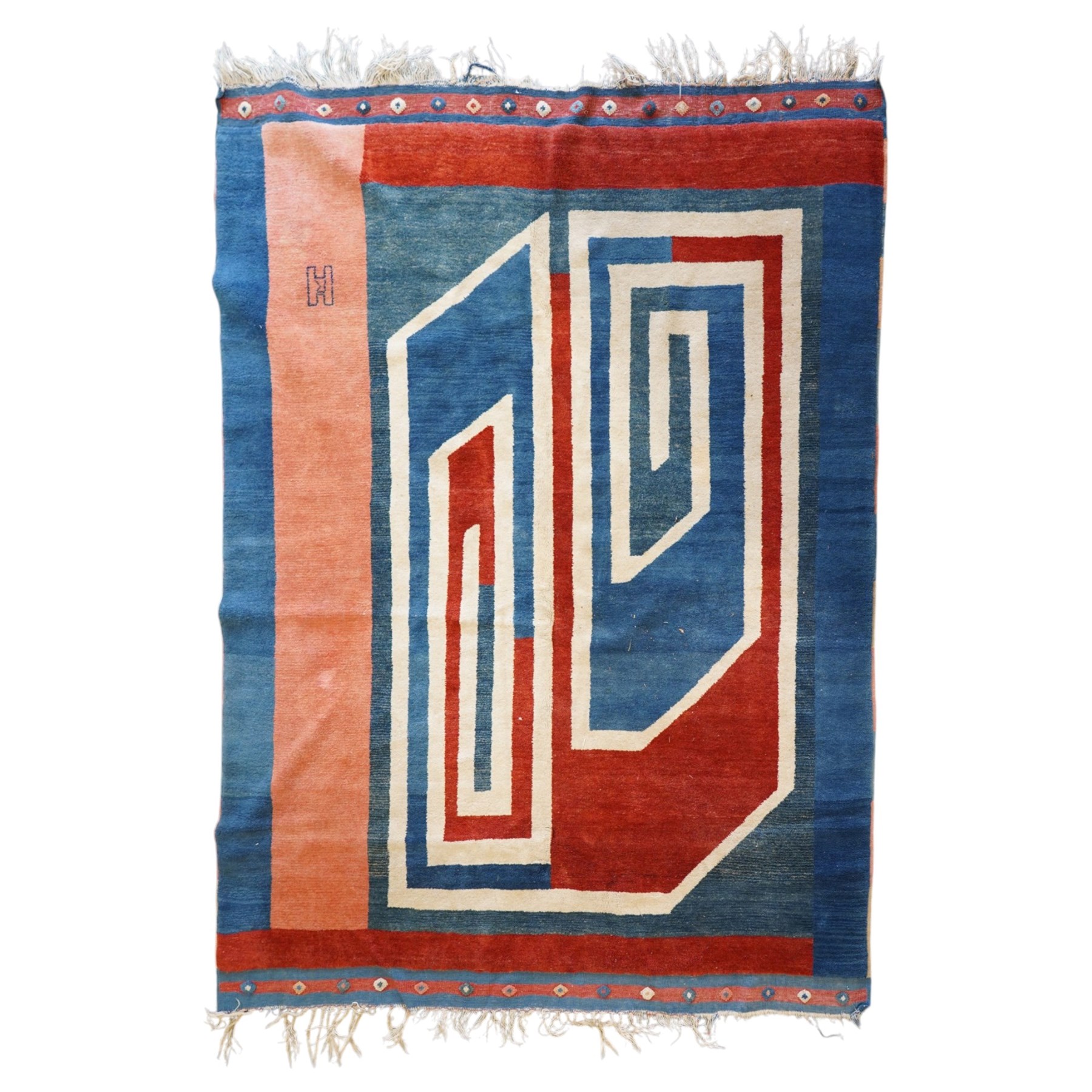 20th century Anatolian Turkish indigo ground rug with Art Deco inspired abstract design in tones of ivory, crimson and coral