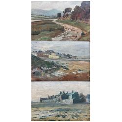 Attrib. Tom Campbell (Scottish 1865-1943): 'Ravenglass' Scenes, set three oils on panel, each signed with monogram titled and dated '05 '06 and '07 verso, two with preparatory ink sketches verso, 17cm x 29cm (3)