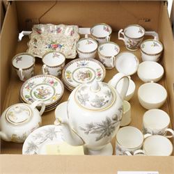 Copeland Spode for Harrods 'Old Bow' cups and saucers, Wedgwood 'Ashford' bone china coffee set and a various collection of glassware, decanter, trifle bowls, tea set, etc. Contents in three boxes 