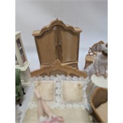 Dolls house bathroom and bedroom furniture, including bed, wardrobe, dresser filled with toiletries, shower, five figures, etc 