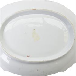 19th century porcelain dessert plate, of unusual shaped oval form, attributed to William Billingsley and painted with floral spray and sprigs, against a moulded scroll and beaded surround and edge, heightened with gilt, W25cm