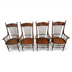 Set of eight 19th century ash and elm spindle back Windsor armchairs, arched top rails above fan-shaped spindle backs, curved arms with turned supports, shaped saddle seats, on turned legs joined by H-stretchers