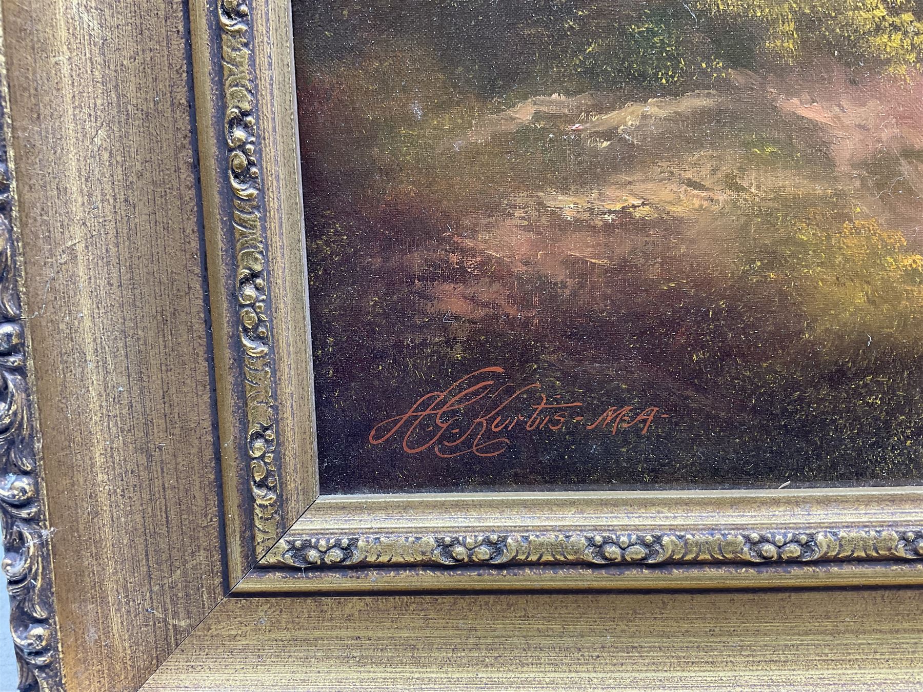 Andrew Grant Kurtis (British 1963-): Lakeside and Mountains, oil on canvas signed 49cm x 74cm; A Busch (British 20th Century): Cumbria, oil on canvas signed 49cm x 59cm (2)