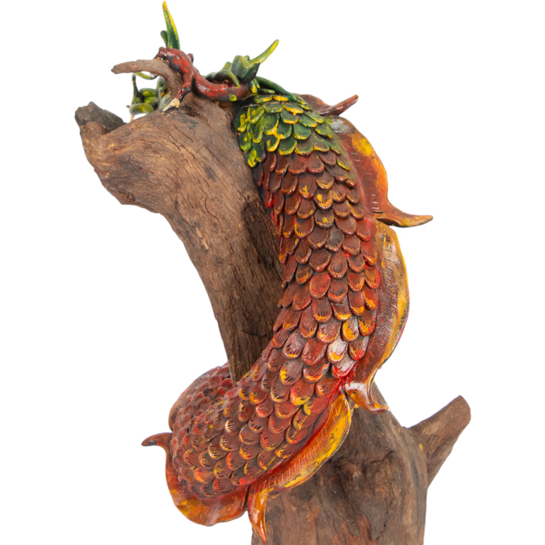 Modern Chinese root carving, modelled as a dragon wrapped round a tree, the dragon painted in greens and reds, H70cm