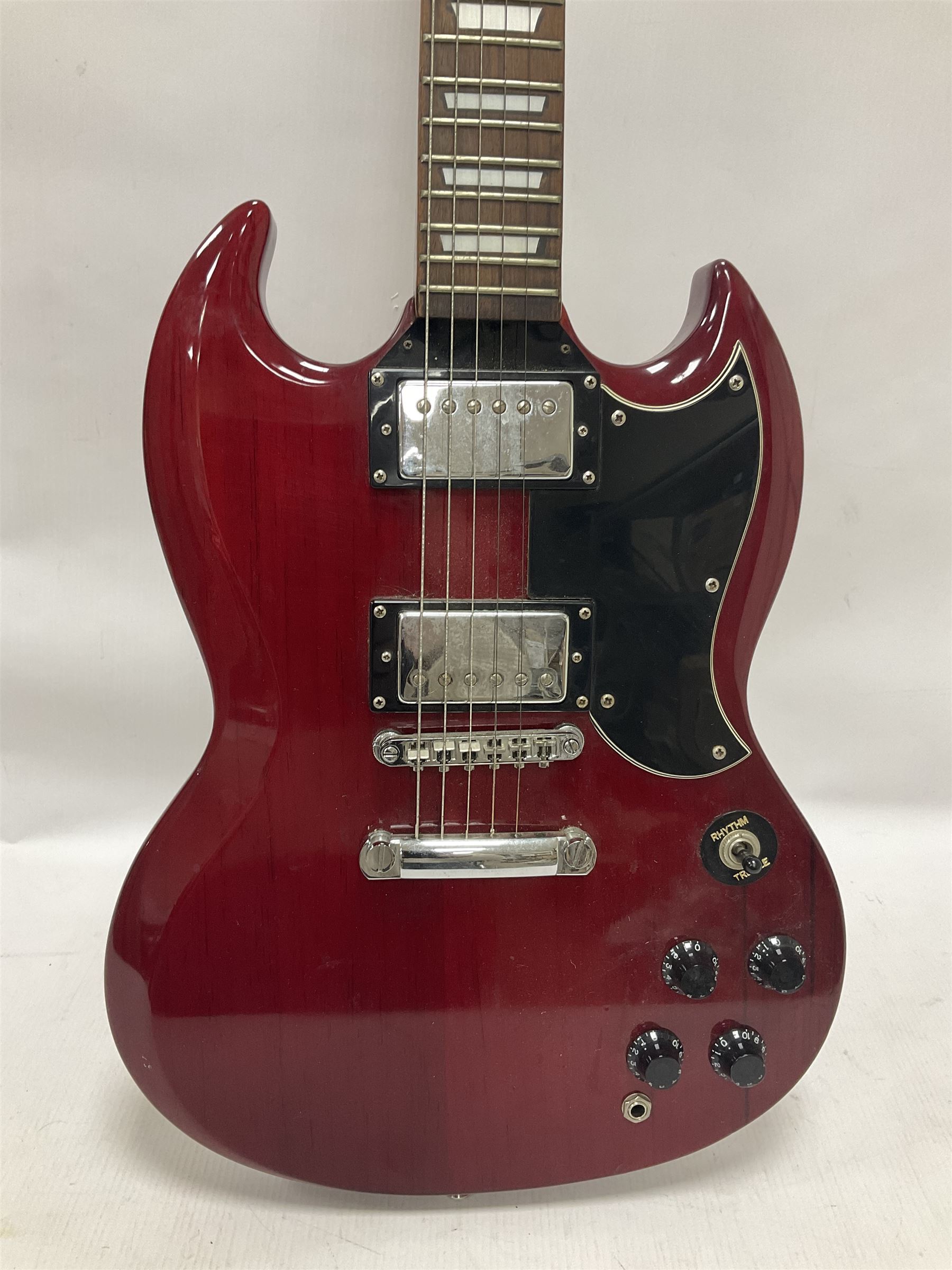 Vintage VS6M Reissued Series six string electric guitar, with solid body in cherry red finish, in carrying case, guitar L103cm