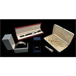 Silver bangle and silver cheroot holder case, Majorica faux pearls with silver clasp, Swar...