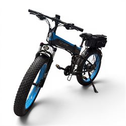 Cyrusher XF690 Plus - electric fat tyre bicycle, 250W model, with suspension forks, disc brakes, rear pannier bag and blue and black finish.