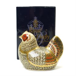 Four Royal Crown derby paperweight comprising Farmyard Cockerel 4504/5000, Farmyard Hen 4115/5000, both boxed and with certificates, Golden Carp and Jenny Wren, all with gold stoppers (4)