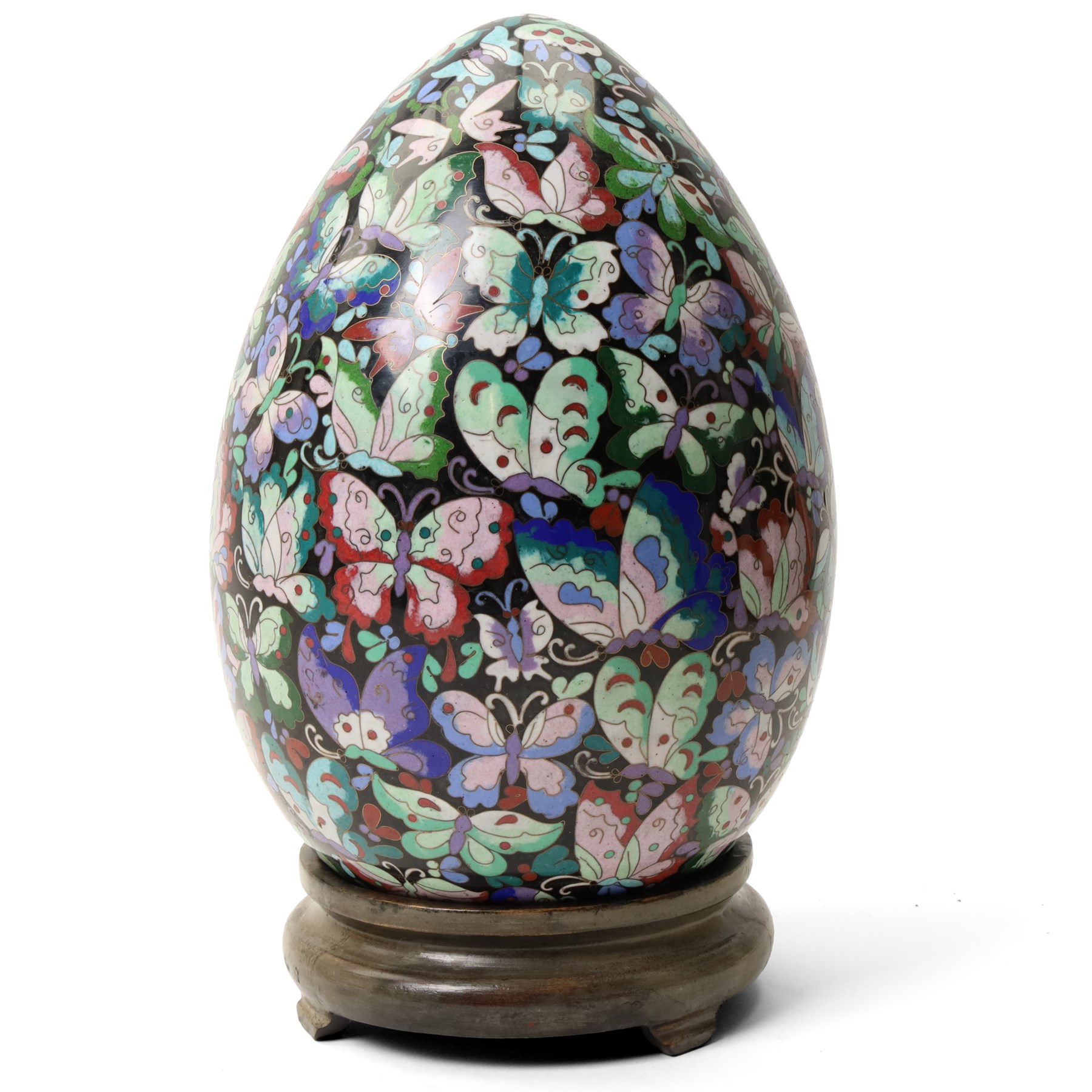 Large 20th century Chinese cloisonné egg with butterfly decoration, on stand, H39cm 