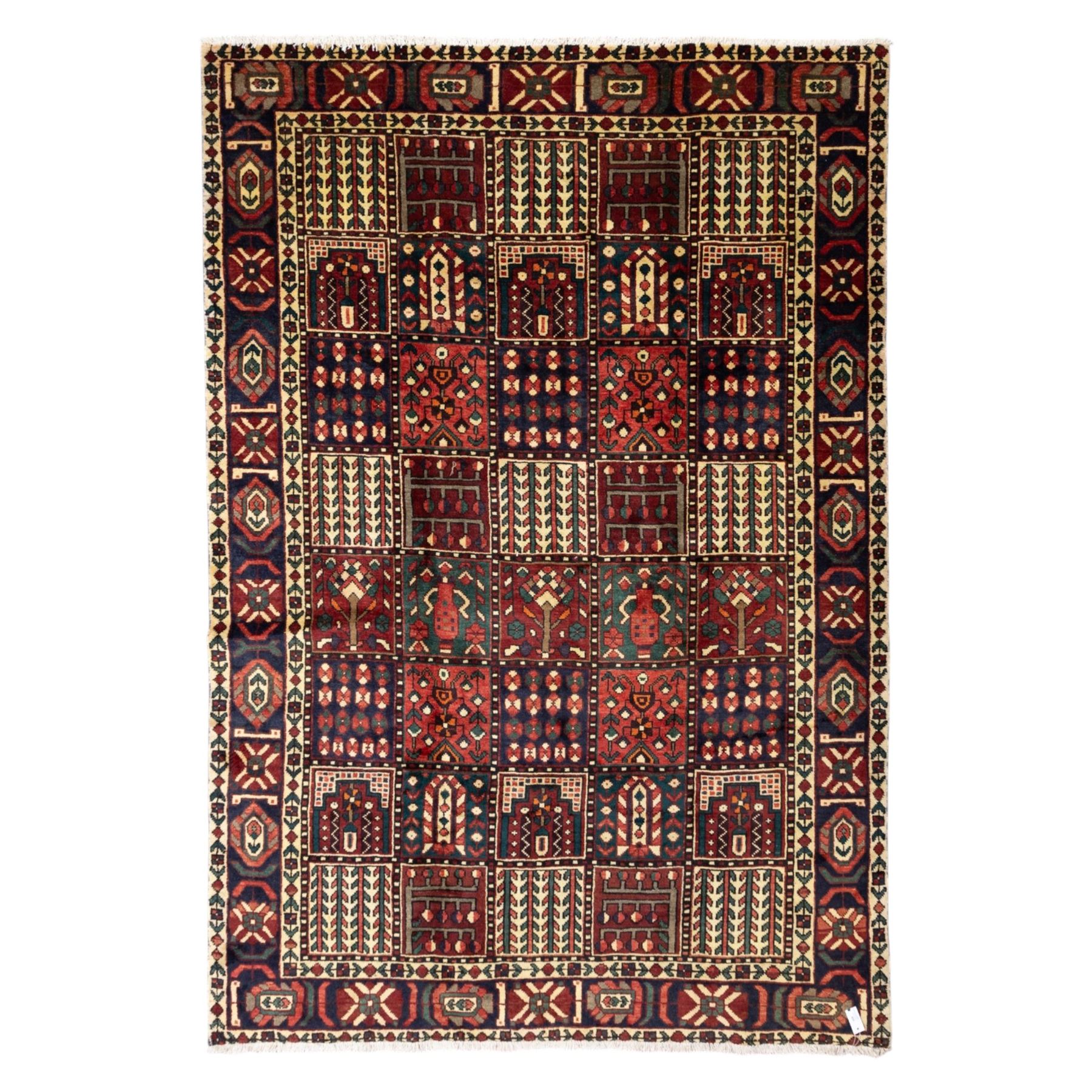 Bakhtiari wool rug, compartmented garden design field with panels of stylised trees, flowers and geometric motifs, enclosed by dark blue main border with repeating floral medallions and guard stripes
