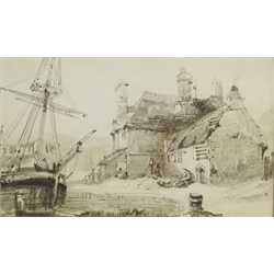  Henry Barlow Carter (British 1804-1868): Fishing Village, pencil sketch unsigned, Fishing Boats off Whitby, pair 19th century watercolours unsigned and Shipping off the Coast, oil on canvas laid onto board signed and dated 1879 by T Simpson max 36cm x 47cm (4)  