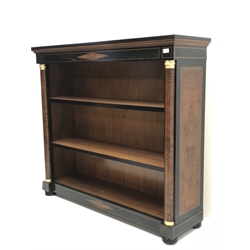 Empire style inlaid ash curl open bookcase, projecting cornice, two adjustable shelves flanked by blind columns, bun feet,  W141cm, H126cm, D40cm