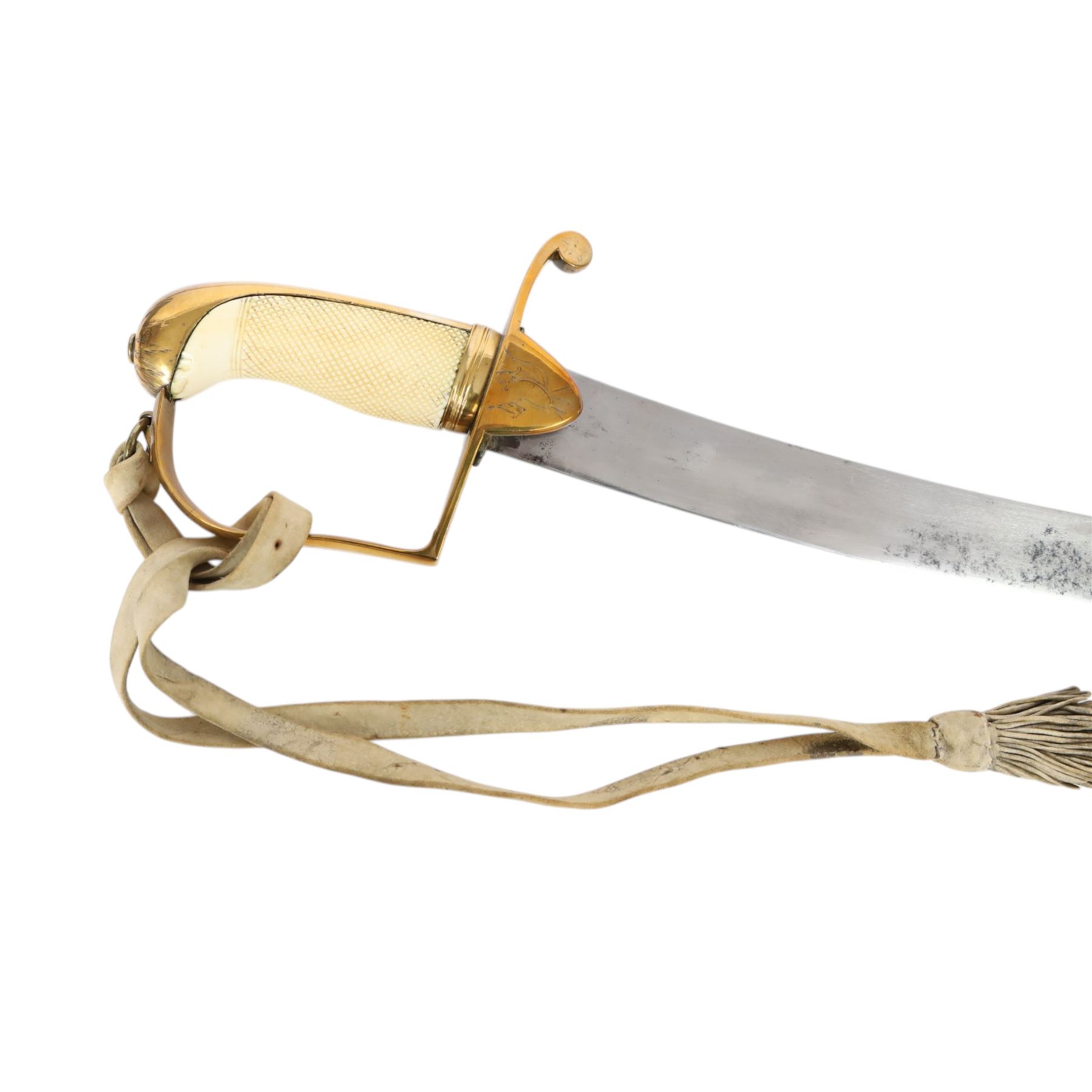 British 1976 pattern cavalry officers' saber variation of  private purchase, the 76cm single edged blade extremely curved, brass stirrup hilt with chequered ivory grip the languets bearing military trophies, with original buck skin sword knot, the leather scabbard has three brass mounts with twin suspension rings, the top mount bears makers cartouche of 'Tatham to his Majesty, Charing Cross London', 1800-1860, overall L90cm  This item has been registered for sale under Section 10 of the APHA Ivory Act 