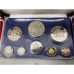 First National Coinage of Barbados 1973 proof eight coin set, from ten dollars to one cent, the ten dollar coin minted in sterling silver, the five dollar coin minted in 800 silver, and a Barbados 1974 proof eight coin set, both minted at The Franklin Mint, cased with certificates; two Republic of Malta decimal proof coin sets, dated 1978 and 1979, the 1979 one pound coin minted in sterling silver, both minted at The Franklin Mint, cased with certificates; Cayman Islands 1973 proof eight coin set, minted at the Royal Canadian Mint, cased; and a Cayman Islands 1979 proof eight coin set, the five dollar to fifty cents coins each minted in sterling silver, minted at the Franklin Mint, cased with certificate (6)