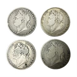 Four King George IIII silver crown coins, dated three 1821 and 1822