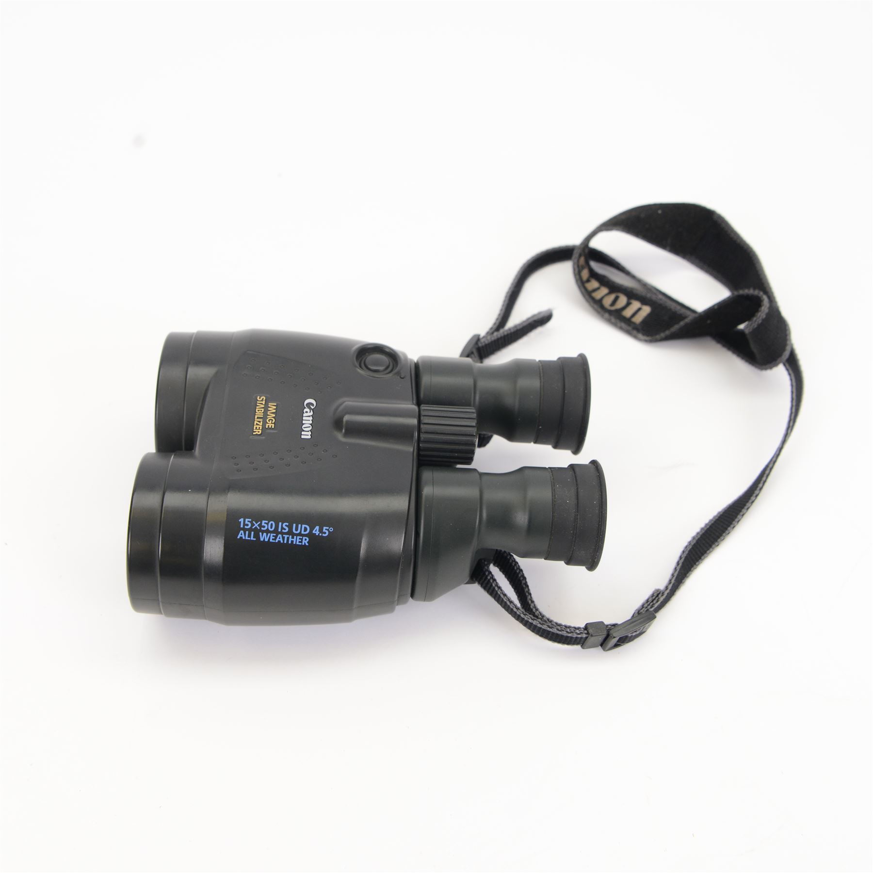 Canon 15x50 UD 4.5 degrees Image Stabilizer All Weather binoculars, serial no. 5000941B, in an Eagle Creek soft carry case