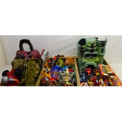  Collection of mostly circa 1980's 'Master of the Universe' plastic model figures and accessories including Castle Grey Skull, Snake Mountain, He-Man figure etc and three boxed Burago 1/43 scale die-cast model cars, in three boxes  