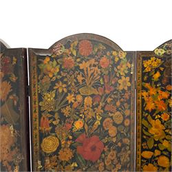 Late Victorian découpage scrap screen, three folding panels decorated with applied plates and cut-outs of portraits, floral and foliate images and animals