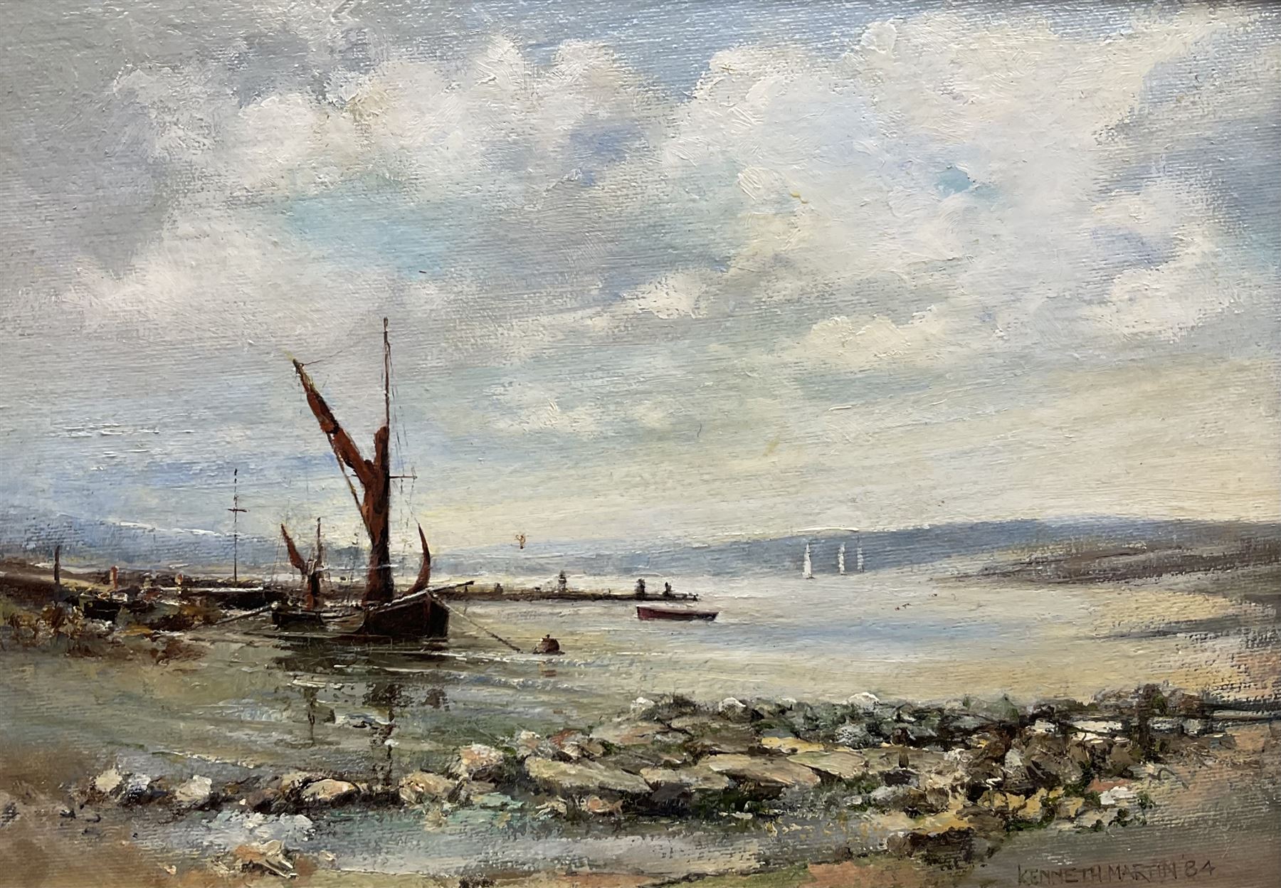 Kenneth Martin (British 20th century): 'Barge at Anchor - East Coast', oil on board signed and dated '84, 24cm x 34cm