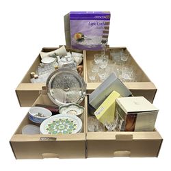 Collection of cut glass including vases, drinking glasses and a decanter, together with a four 'The Village' teapots, silver plate and other ceramics, in four boxes 