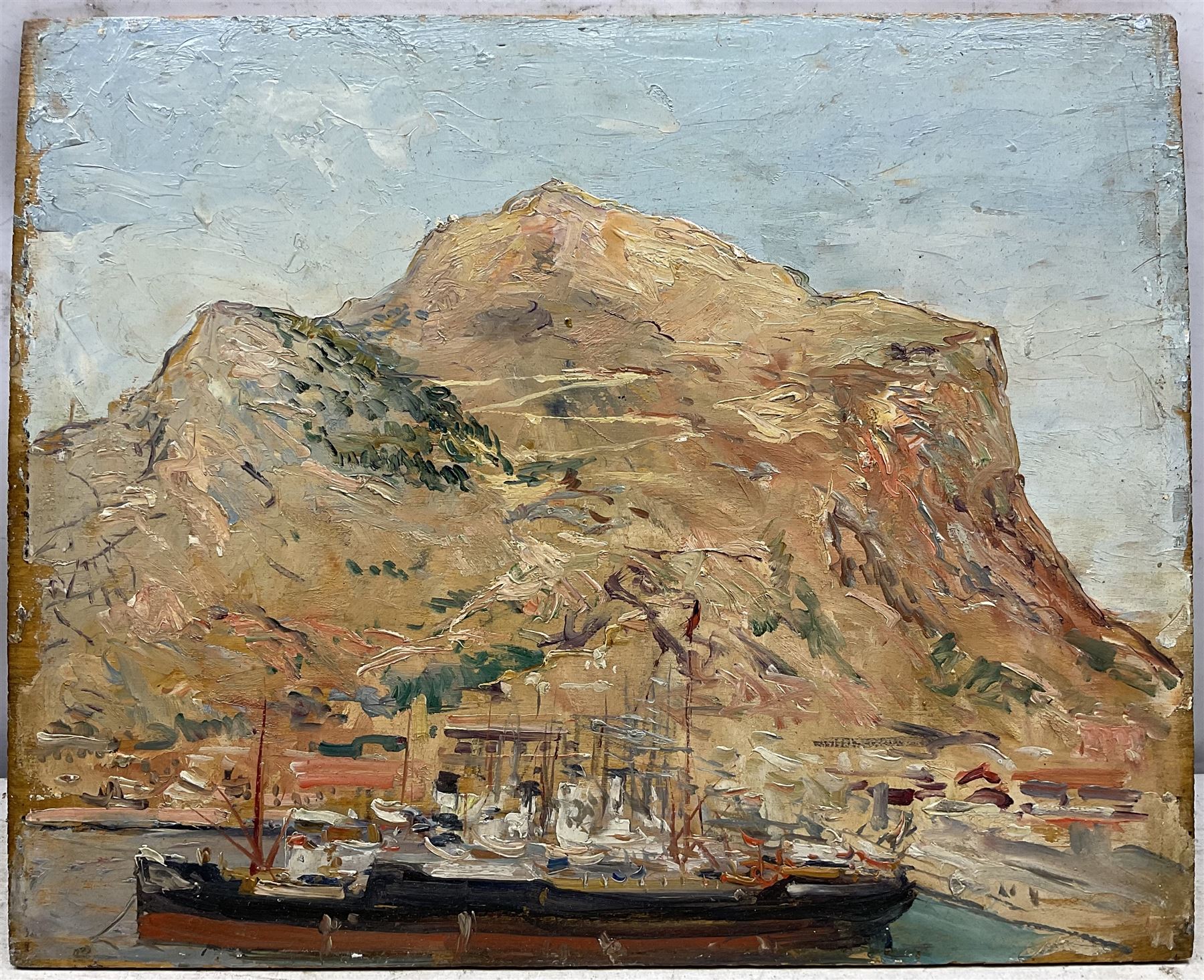 Alexander Jamieson (Scottish 1873-1937): 'Palermo Harbour', oil sketch on panel, inscribed and titled verso 37cm x 46cm (unframed)