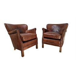 Halo - pair 'Little Professor' club armchairs, upholstered in tan leather with studwork, raised on square supports