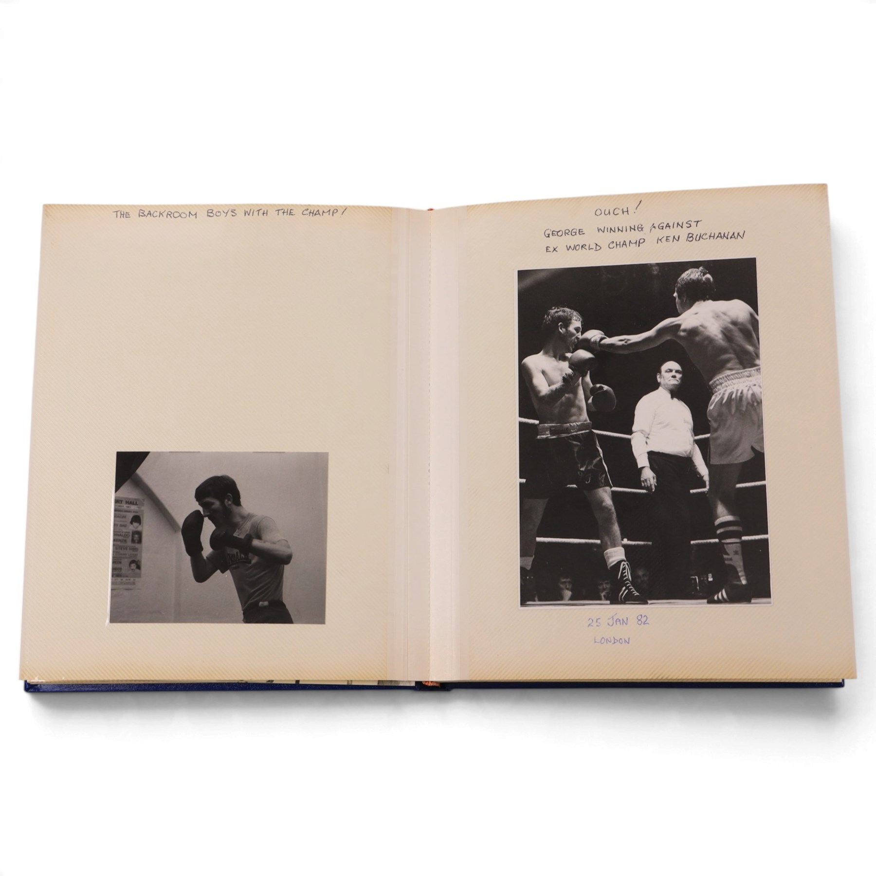1980s boxing autograph book and photograph album, the album containing a collection of black and white photographs, mostly of British lightweight champion George Feeney, the photograph album with thirty-two signatures including Ray 