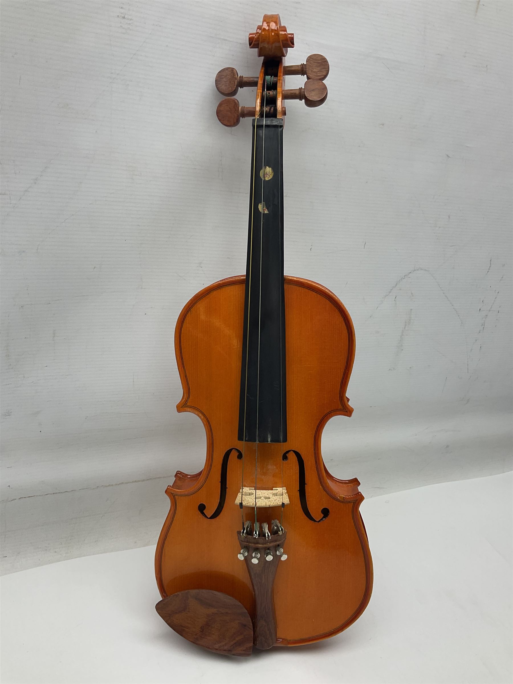 Three Stentor Student violins - three-quarter size with 33cm two-piece back; and two quarter size each with 28cm two-piece back; each in carrying case with bow (3)