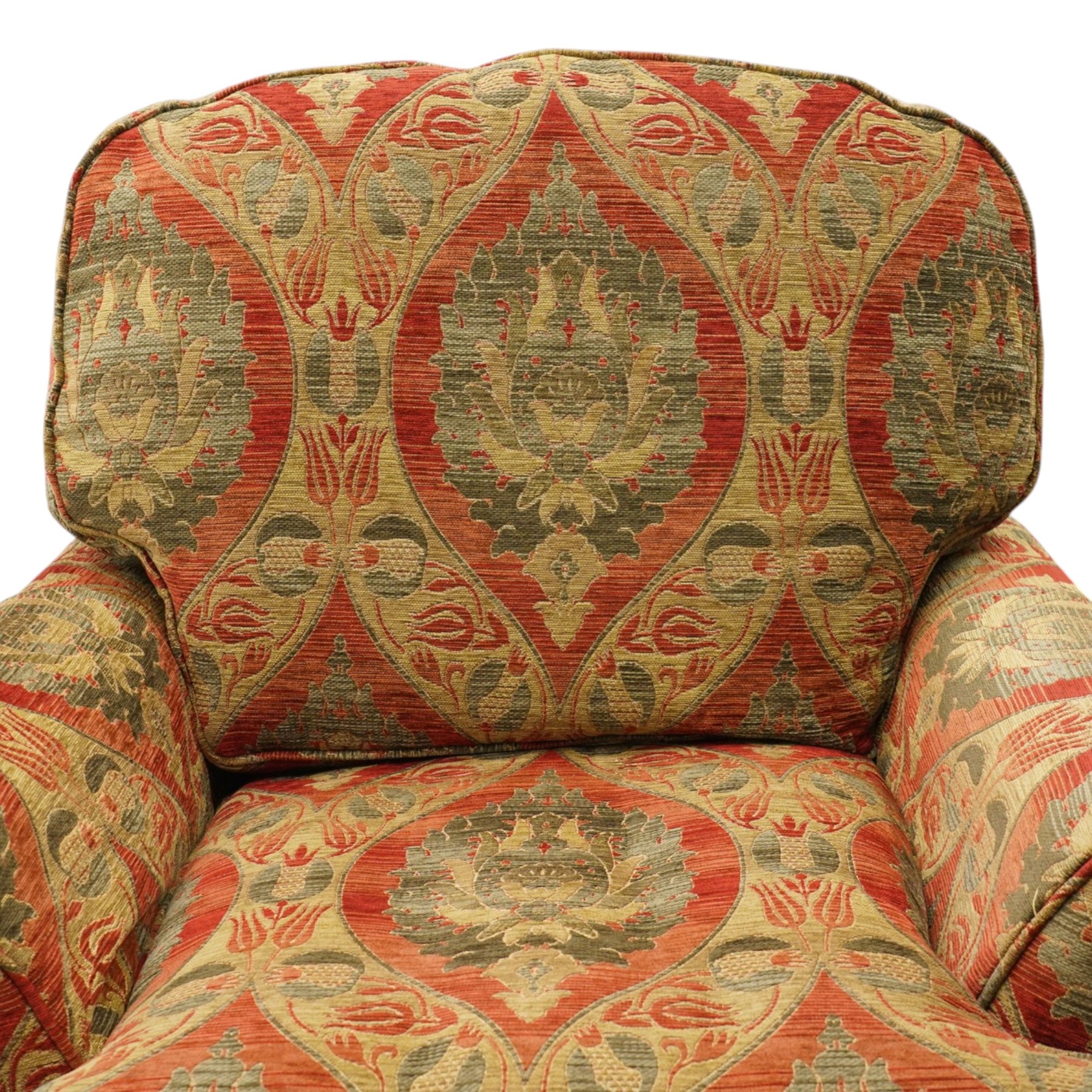 Duresta - traditional shape armchair with out-swept arms, upholstered in crimson ground fabric decorated with palmettes and foliate motifs with matching loose and scatter cushions, raised on compressed bun feet with brass cups and castors