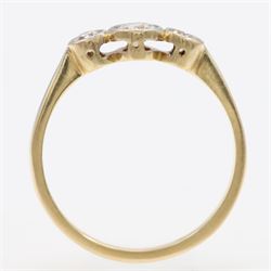 Early 20th century gold diamond ring, milgrain set with three old cut diamonds, stamped 18c Plat, total diamond weight approx 0.25 carat